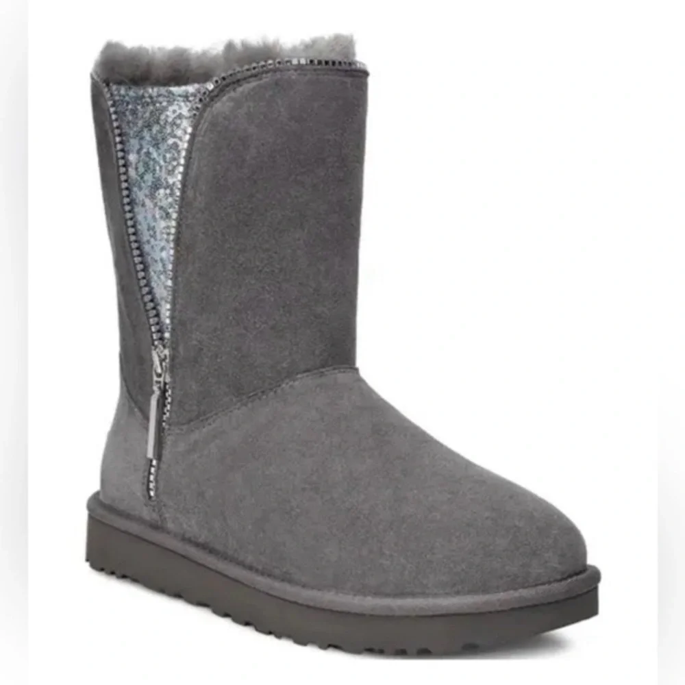 UGG Swarovski Crystal Zip Gray Sheepskin Boots Women 8 Winter